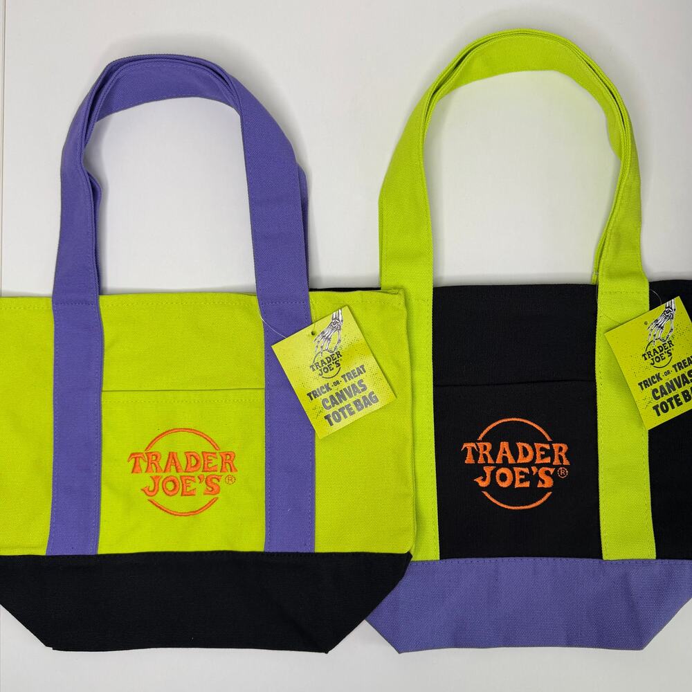 SET OF 2 — Trader Joe’s MINI MULTICOLOR Tote Bags Trick or Treat Halloween Party